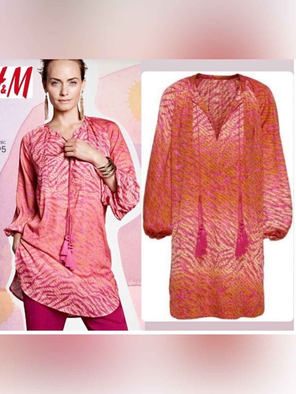 H&M Pink and Orange Printed Swim Cover-Up Tunic with Tassel Tie size 2.